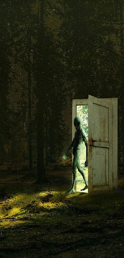 Mystical glowing doorway in a dark forest, creating a serene fantasy scene.