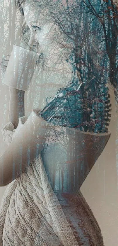 Mystical double exposure of a woman with forest background.