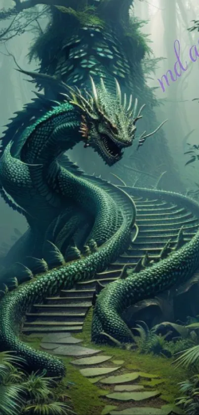 Mystical green dragon weaving through a forest path in enchanting digital artwork.