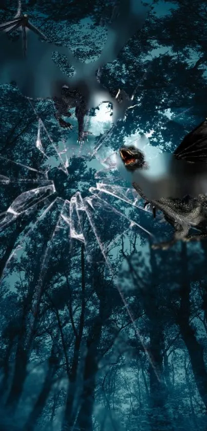 Dragon in a mystical forest with shattered glass effect wallpaper.