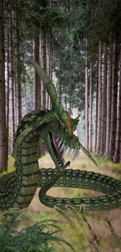 A fierce green dragon intertwines among tall forest trees.