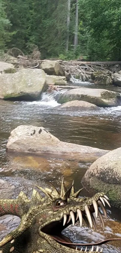 Dragon in serene forest stream with rocks and greenery.