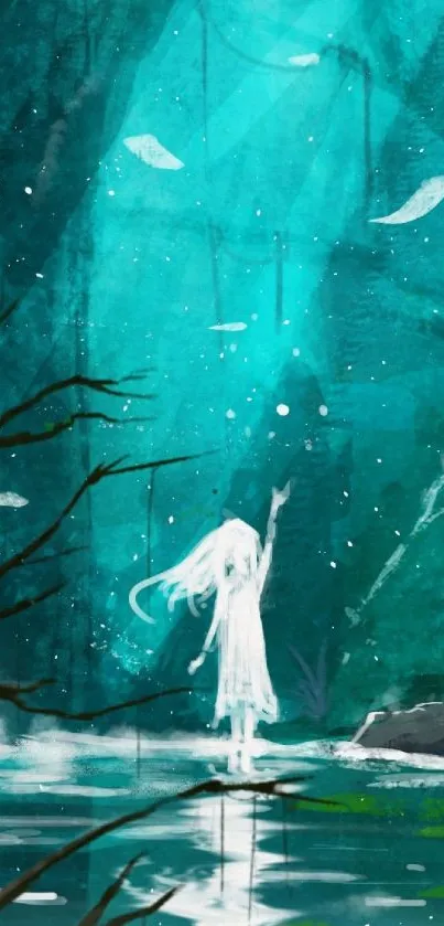 Mystical teal forest scene with figure in dreamlike setting.