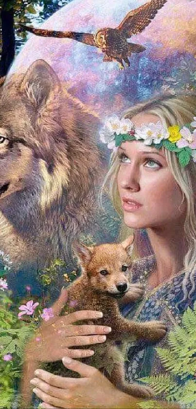 Mystical forest scene with a wolf and ethereal woman holding a cub.