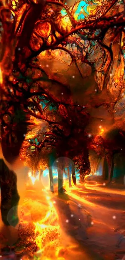 Colorful mystical forest with vivid orange and turquoise hues.