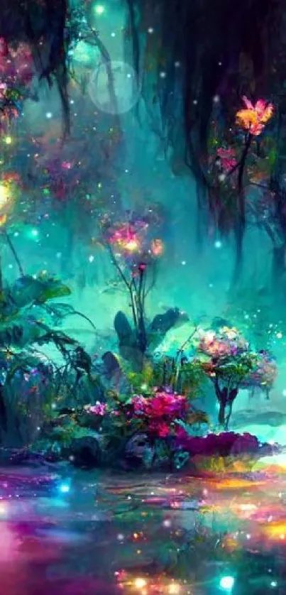 Vibrant mystical forest wallpaper with luminous flowers and ethereal lights.