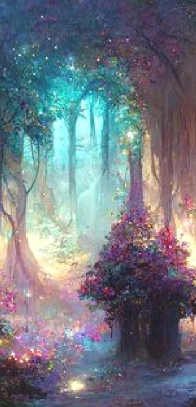 Magical forest with vibrant colors and glowing light in a dreamlike setting.