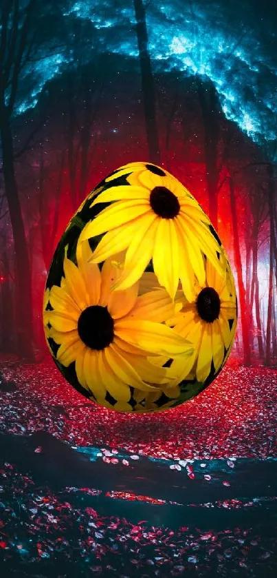 A floral egg in a mystical, vibrant forest setting at night.