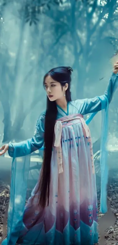 Woman in traditional attire standing in a mystical, teal blue forest setting.