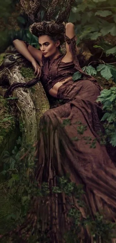 Woman in dark brown dress amidst a mystical forest scene, capturing earthy elegance.