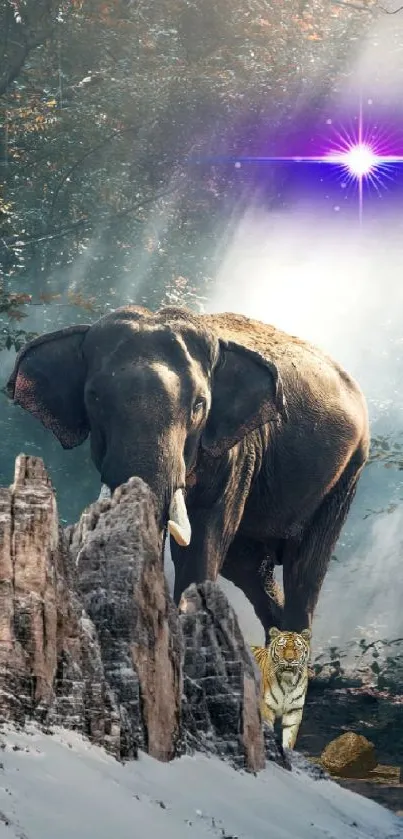 Elephant in mystical forest with ethereal light and purple star effect.