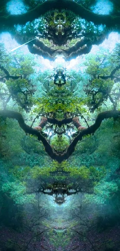 Mystical forest wallpaper with striking teal eyes.