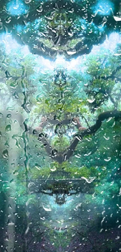 Mystical forest wallpaper with turquoise glowing eyes and tree branches.