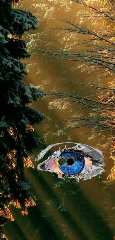 Artistic blue eye set in a dark forest scene.