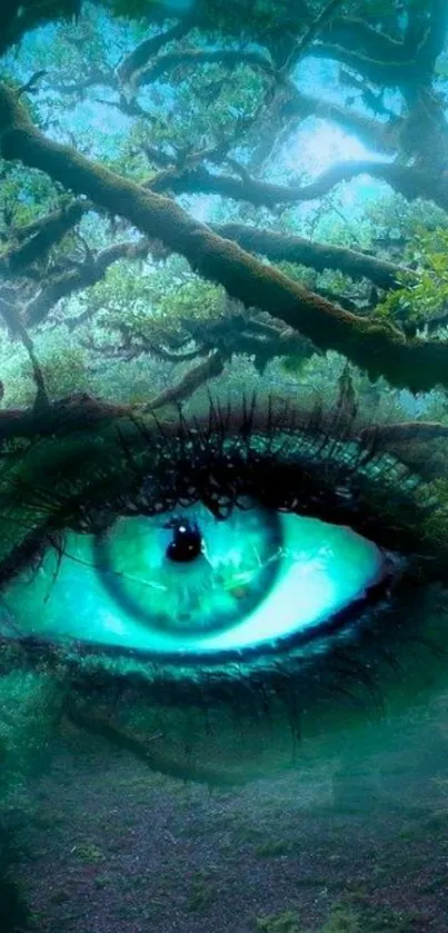 Mystical forest with vibrant blue eye artwork.