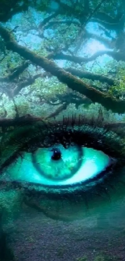 Mystical forest with radiant teal eyes.