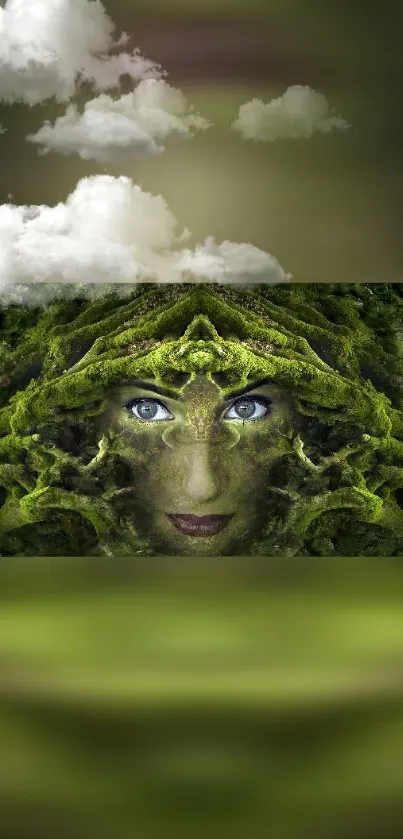 Mystical forest face art wallpaper with vibrant greens.