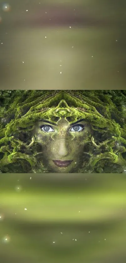 Mystical green forest face with blue eyes and leafy design.