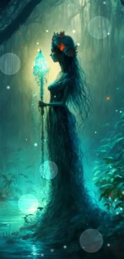 Enchanting forest fairy glowing at night in a magical teal landscape.