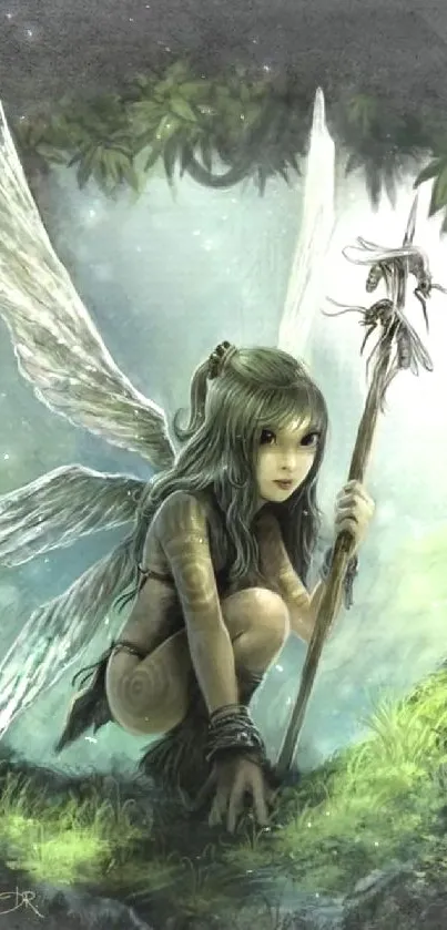 Mystical fairy with wings in a dark forest scenery, holding a staff.