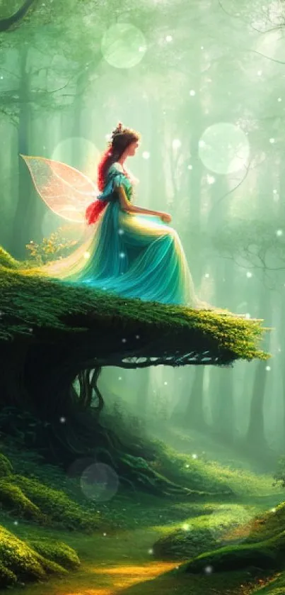 Fairy sitting on a tree branch in a mystical green forest.