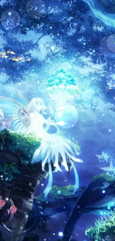 Ethereal fairies in a glowing mystical forest wallpaper.