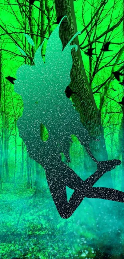 Silhouette of a fairy in a vibrant green forest setting.