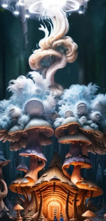 Fantasy forest with glowing mushrooms in mystical forest scene.