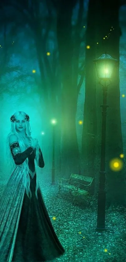 Ethereal figure in mystical forest with glowing light.