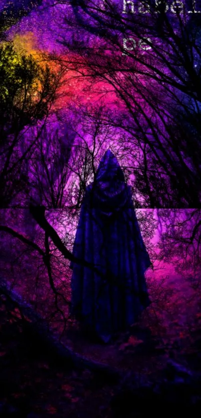 Mystical forest with vibrant colors and a shadowy figure.