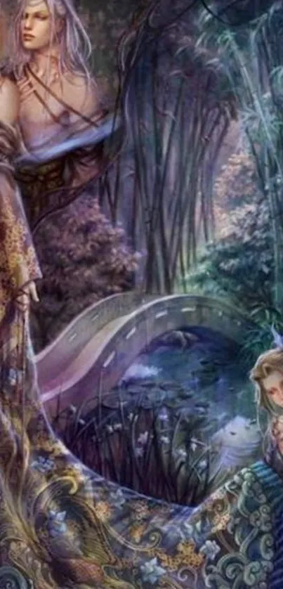 Mystical fantasy art wallpaper with ethereal figures and forest.