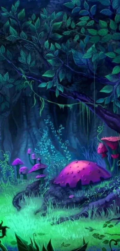 Mystical forest fantasy wallpaper with glowing mushrooms and vibrant nature.