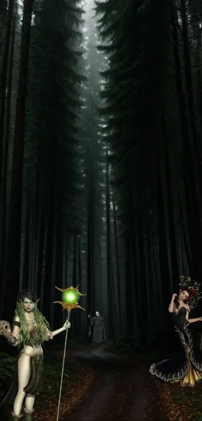 Fantasy forest scene with mystical figures and towering trees.