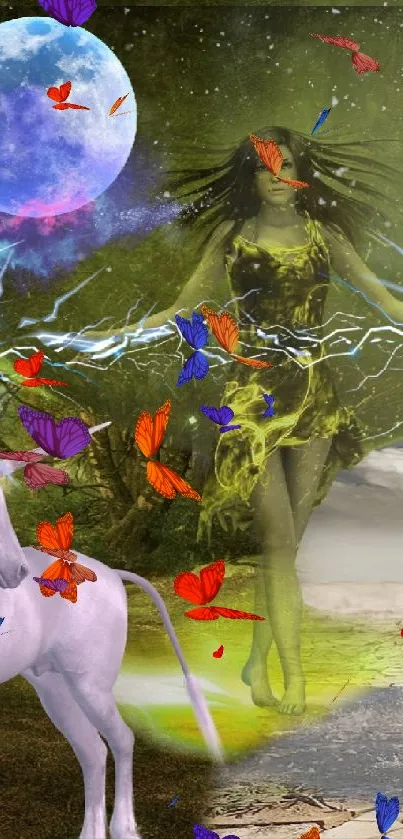 Fantasy scene with unicorns and cosmic elements in a mystical forest setting.