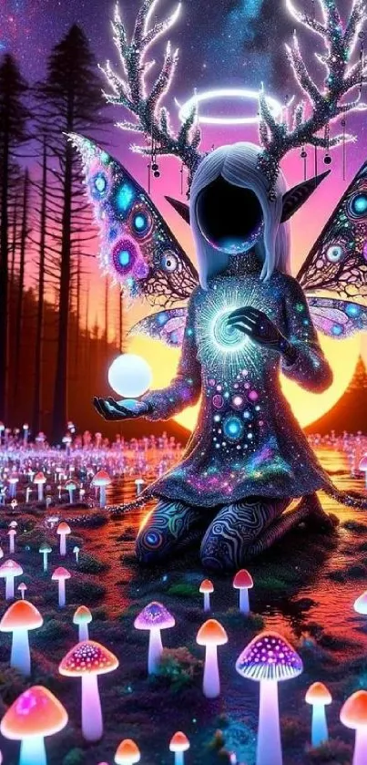 Fantasy forest with glowing mushrooms and fairy creature.