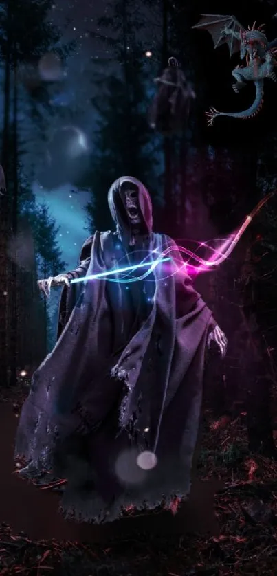 Mystical forest scene with hooded figure and magical lights.