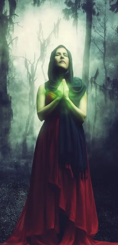 Mystical figure in dark forest with glowing green light.