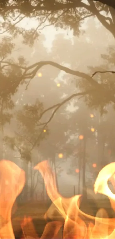 Misty forest with fiery flames below.