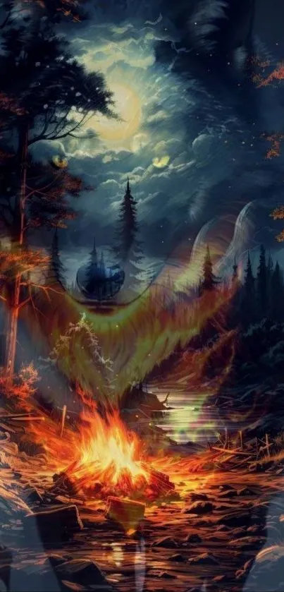 Mystical forest scene with campfire under a starry night sky.