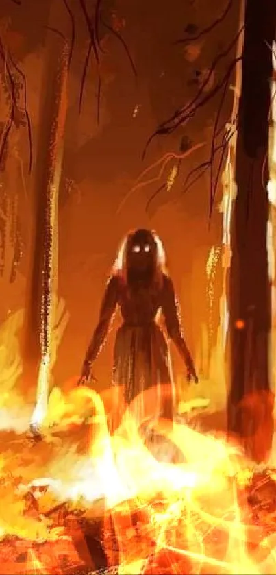 A shadowy figure stands in a burning forest with vibrant flames.