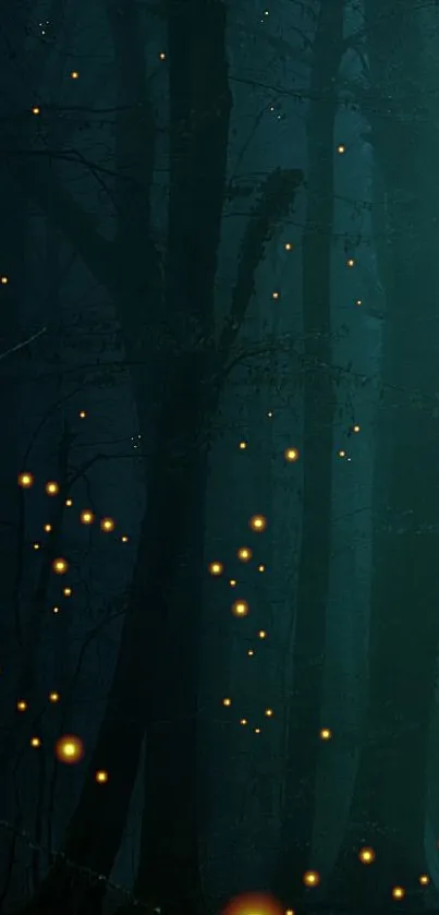 Mystical forest with glowing fireflies in the dark night.