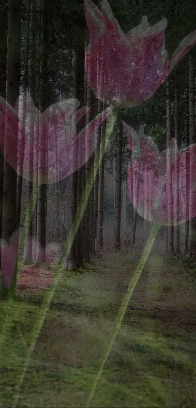 Mystical forest with overlay of pink tulips on mobile wallpaper.