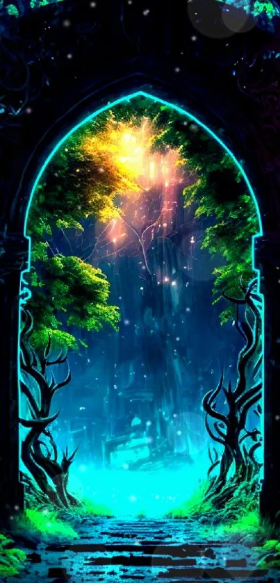 Mystical forest with a glowing gateway and vibrant colors.