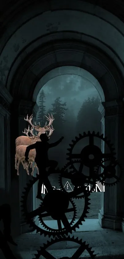 Mystical forest wallpaper with deer and gears in an ancient archway.