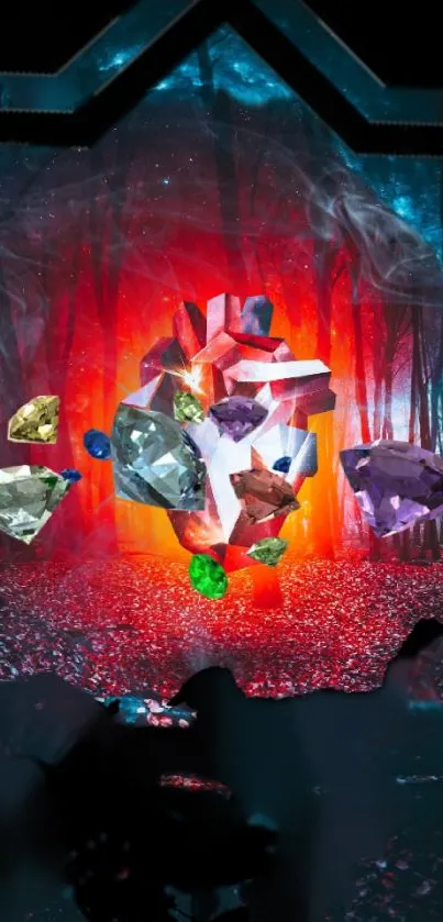 Vibrant gemstones floating in a mystical, red-lit forest scene.