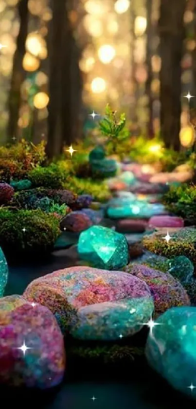 Mystical forest path with glowing gemstones in teal and vibrant hues.