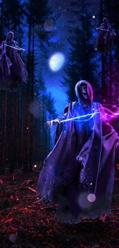 Ghostly figures in mystical forest glowing with purple and blue hues.