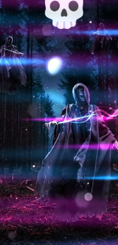 Hooded ghost figures with colorful lights in a dark forest at night.