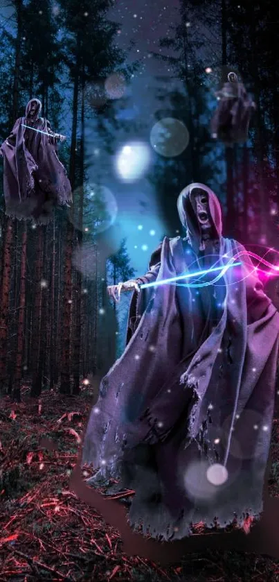 Ethereal ghosts in a mystical forest with magical light trails and dark trees.