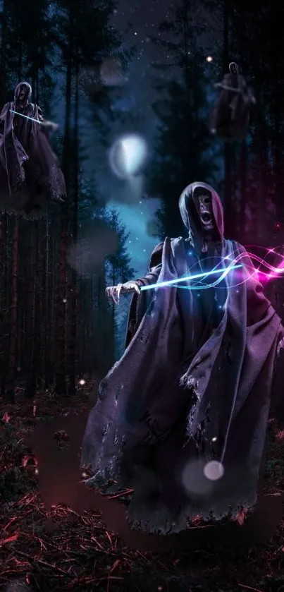 Ethereal hooded ghosts in a mystical dark forest with glowing lights.